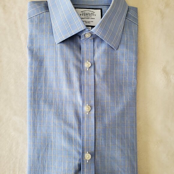 Charles Tyrwhitt Blue & Gold Plaid Extra Slim Fit Non Iron Dress Shirt 15/34 - Picture 1 of 10